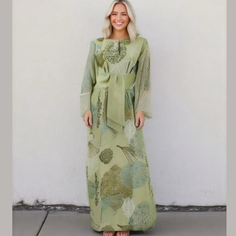Alfred Shaheen Vtg Light Green Hawaiian Sheer Long Sleeve Maxi Dress Women Sz 12